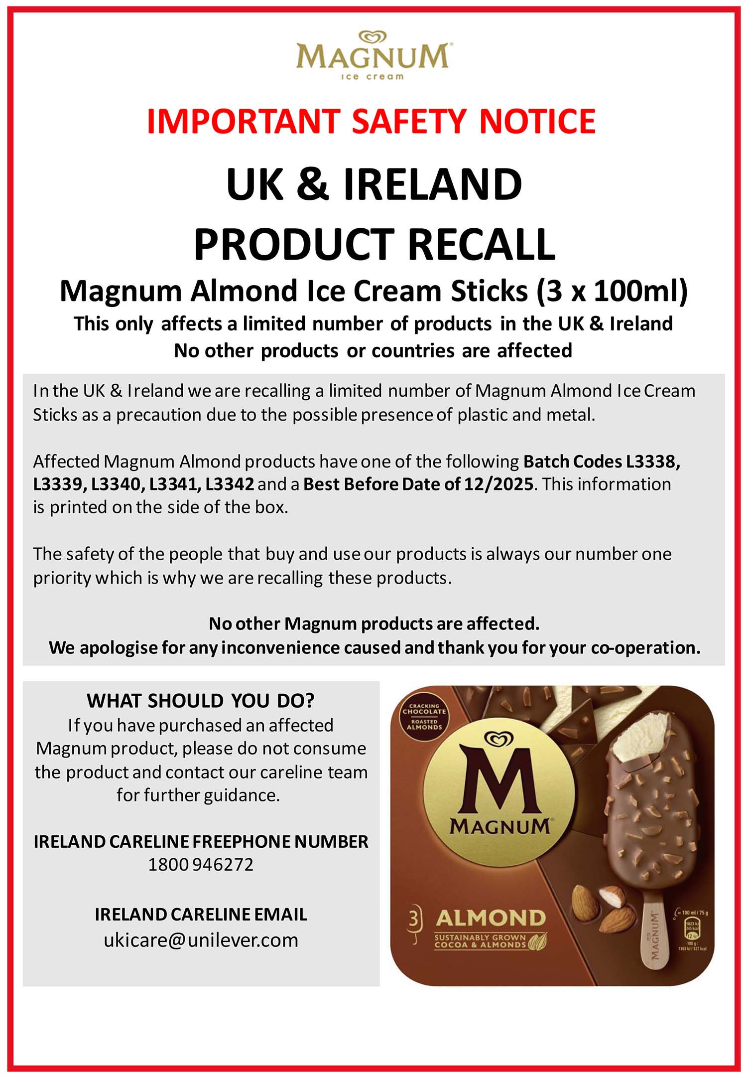 Magnum Almond Multi Pack Consumer Recall Notice Ireland FINAL