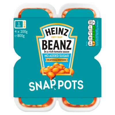 HEINZ BEANZ NO SUGAR ADDED SNAP POTS 4 PACK 800G