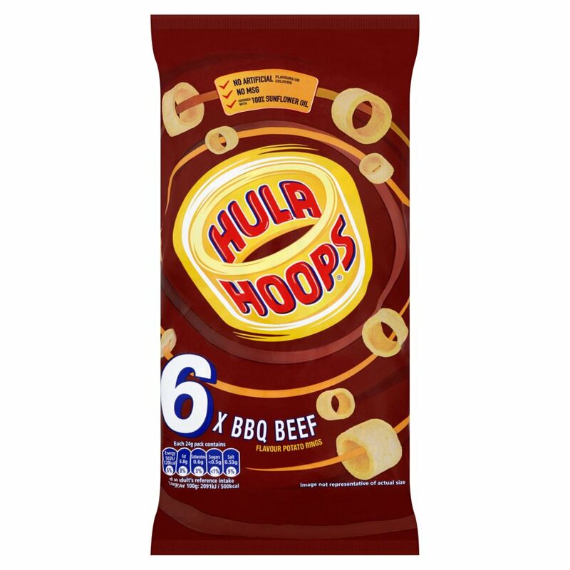 Hula Hoops BBQ Beef Flavour Potato Rings 6 x 24g Hula Hoops BBQ Beef Flavour Potato Rings 6 x 24g